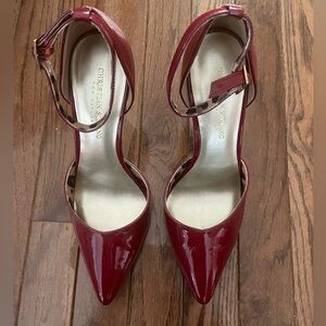 CHRISTIAN SIRIANO WOMEN’S RED PATENTED LEATHER STRAP HEELS